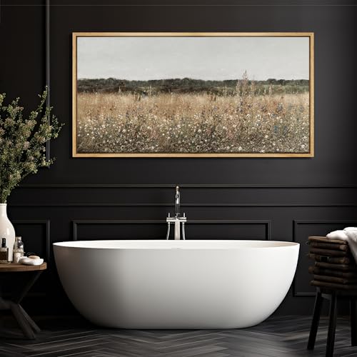 Extra Large Framed Canvas Print Wall Art Misty Morning Meadow with Wildflowers Antique Retro Fine Art Illustrations Decorative Colorful for Bedroom