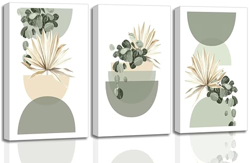 3 Pcs Neutral Abstract Sage Green Boho Canvas Wall Art 12x16in (3 Count)