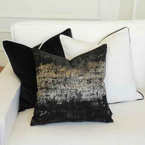 Black Champagne Metallic Jacquard Pillow Covers 20x20 Pack of 2 Velvet Back Modern Glam Sofa Decor (2 Count)
