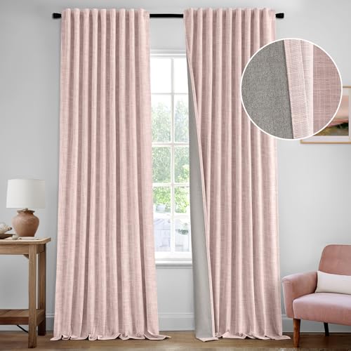 Light Pink 100% Blackout Linen Curtains 90 Inch 2 Panels Set Double Sided No Coating Pleated Back Tab Black Out Long Thermal Insulated Pinch Pleat Bedroom Living Room Darkening Window Drapes (2 Count)