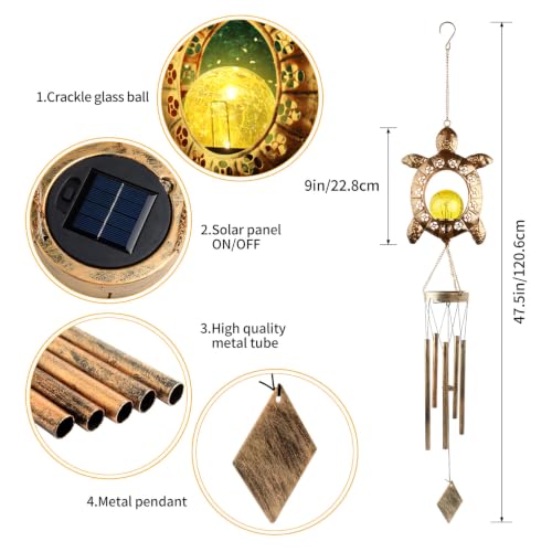Sea Turtle Solar Lights Outdoor Decor Crackle Glass Ball Solar Turtle Wind Chimes for Outside Unique Gifts for Women Birthday Gardening Gift Housewarming Ornament for Patio Yard Garden Decor