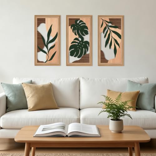 Boho Wood Tropical Framed Wall Art 12X24 Inch Large Mid Century Palm Leaves Wooden Wall Decor Minimalist Botanical Artwork for Living room Bedroom Set of 3