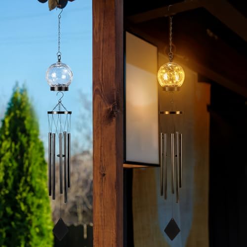 Solar Wind Chimes Outdoor Lights 42 Inch Large Sympathy Gift Chime 15 LED Twinkle Warm White Crackled Glass Ball Hanging Lantern Gifts for Birthday Garden Yard Patio Landscape Decor