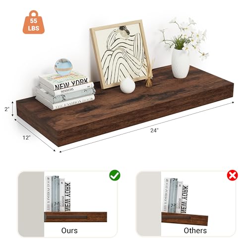 24 x 12 Deep Floating Shelves Wall Mounted Set of 1 Rustic Brown