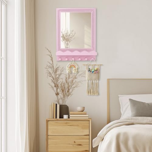 16x12 Inch Wall Mount Beaded Wood Framed Mirror with Shelf and 6 Hooks