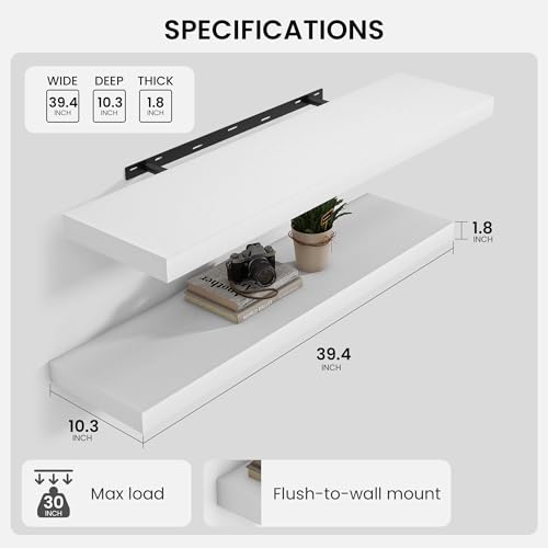 Floating Shelves 39.4" W x 10.3" D White Set of 2 (2 Count)