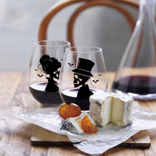 Gothic Halloween Skull Couple Wine Glasses with Gift Box