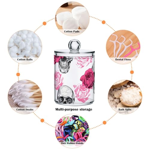 2 Pack Qtip Holder Dispenser Skull Rose Flower Bathroom Storage Canister Lid Acrylic Plastic Apothecary Jar Set Vanity Makeup Organizer for Cotton Swab (2 Count)