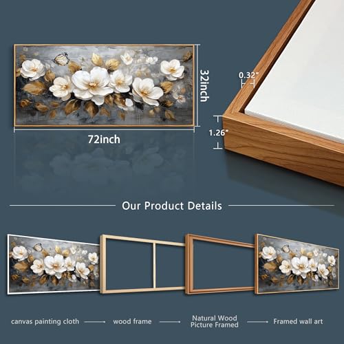 Wood Framed Canvas Wall Art For Living Room Large Wall Decor For Office Bedroom Decoration White Flower Pictures Farmhouse Painting Artwork Room Wall Mural Aesthetic Home Decor 32x72