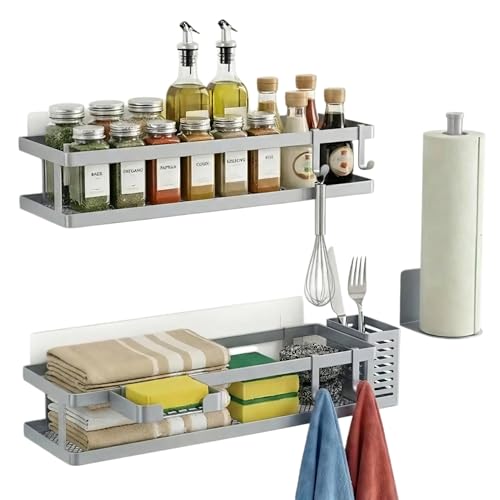 5-in-1 16.5" Extra Long Kitchen Organizer & Shower Caddy Set, Wall Mount Spice Rack with Paper Towel Holder, Utensil Holder & Soap Dish, Rustproof Mesh - Silver Gray, Guardrail