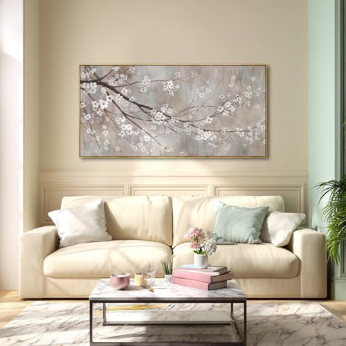 Plum blossom Wall Decor White Flowers Painting on Canvas Nature Wall Art for Bedroom 24"x 48" Wall Decorations for Living Room Office
