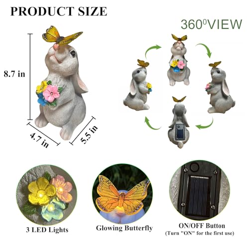 Solar Garden Statues Outdoor Decor Bunny with Butterfly