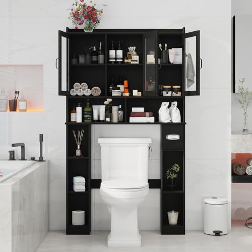 Black Over The Toilet Storage Cabinet with Glass Doors