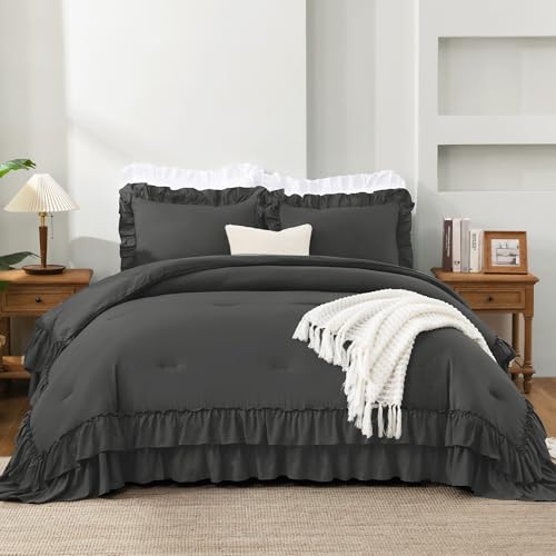 Dark Grey Super King Plus Ruffle Comforter Set