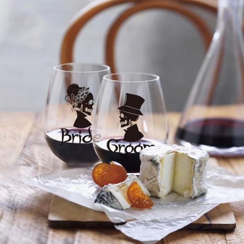 Gothic Halloween Wedding Bride Groom Wine Glass with Gift Box