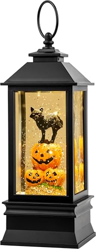 Halloween Snow Globe Lantern Water Glittering Spooky Witch' s Black Cat in Pumpkins with Music
