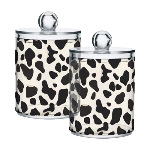 2 Pack Qtip Holder Organizer Dispenser Black Cow Skin Print Bathroom Storage Canister Cotton Ball Holder Container for Cotton Pads (2 Count)
