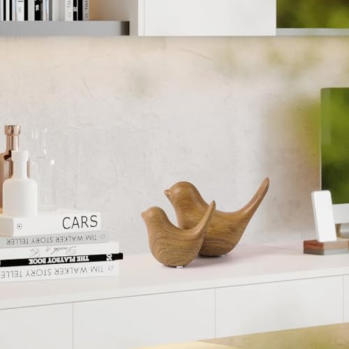 Wood Look Ceramic Birds Statues Home Decor Modern Style Decorative Ornaments for Living Room (2 Count)