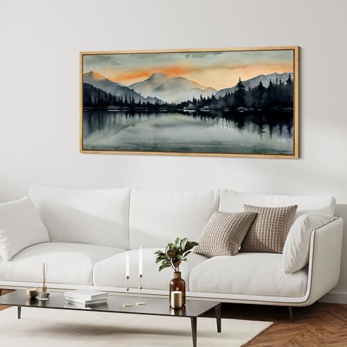Extra Large Framed Canvas Print Wall Art Sunset Mountain Range and Lake Panoramic Antique Retro Fine Art Illustrations Decorative Colorful for Bedroom