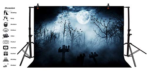 9x6ft Spooky Halloween Graveyard Backdrop Foggy Full Moon Horror Scene
