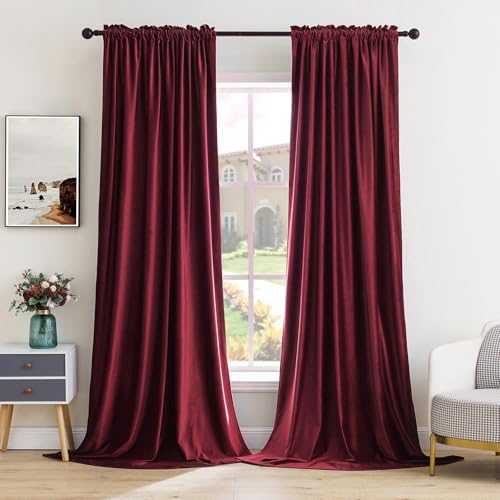 Burgundy Red Blackout Velvet Curtains Drapes 96 Inch Long 52"x96" (2 Count)