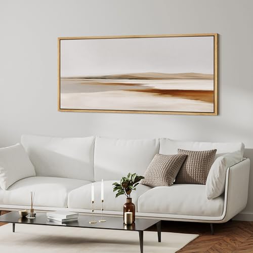 Extra Large Framed Canvas Print Wall Art Neutral Earth Tone Desert Landscape Minimalist Terracotta and Grey Long Retro Fine Art Illustrations Decorative Colorful for Bedroom