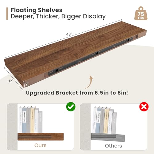 48 x 12 Deep Floating Shelves Wall Mounted Set of 2 Walnut (2 Count)