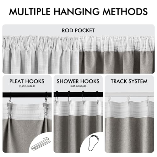 Greyish White 100% Blackout Linen Curtains 96 Inch 2 Panels Set Double Sided No Coating Pinch Pleated Back Tab Floor to Ceiling Black Out Thermal Insulated Bedroom Living Room Darkening Drapes (2 Count)