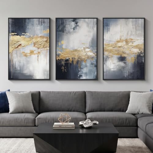 Large Framed Blue and Gold Abstract Wall Art for Living Room (3 Count)