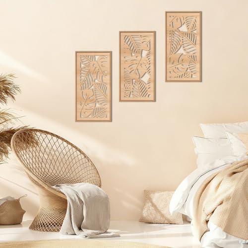 Tropical leaf Wood Wall Decor Framed Palm Monstera Leaves Wooden Wall Art Coastal Hawaii Art decor 7.87x15.75 Inch Set of 3 for Living room Bedroom Office