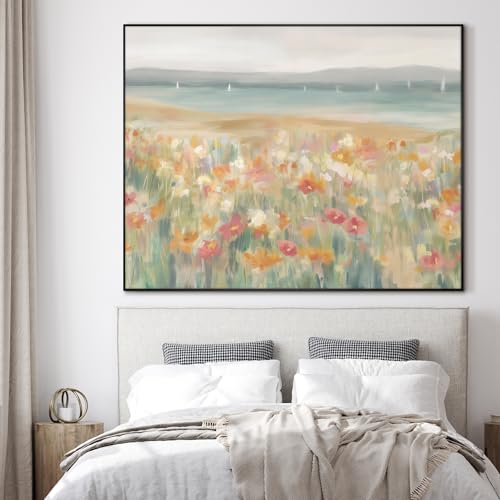 60"x72" Extra Large Framed Wall Art Coastal Flower Field with Sailing Boats Serene Landscape Illustration for Home Living Room Bedroom Decor