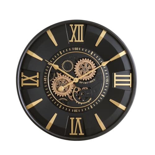 Mid Century Modern Black Gold 24 Inch Wall Clock with Moving Gears