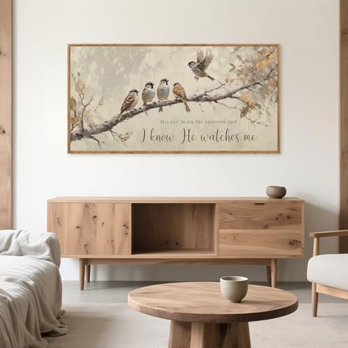 His Eye Is On The Sparrow Framed Canvas Wall Art 40x20 Inch