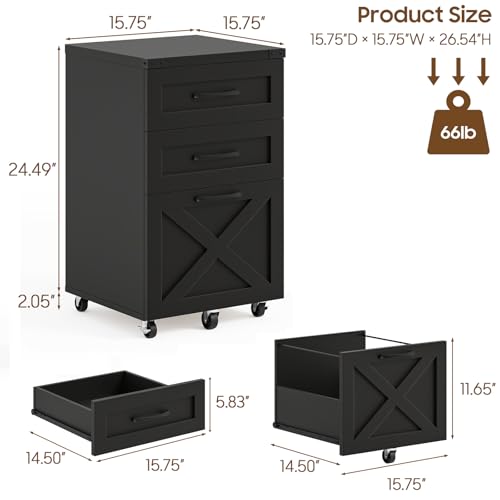 Farmhouse 3 Drawer Small File Cabinet with Wheels