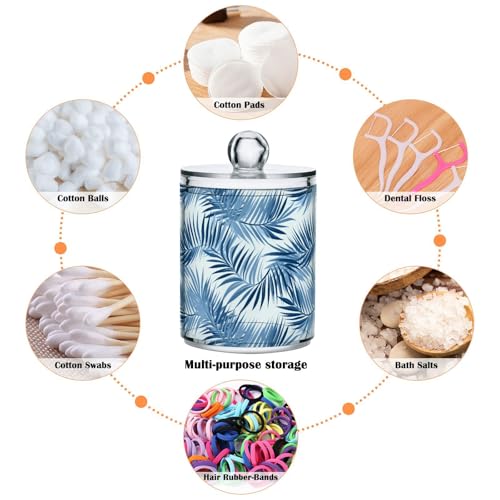 2 Pack Qtip Holder Organizer Dispenser Blue Tropical Leaves Bathroom Storage Canister Cotton Ball Holder Container for Cotton Pads (2 Count)