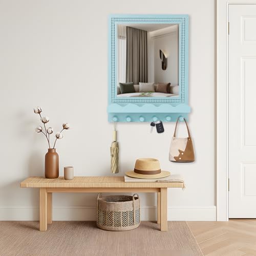 16x12 Inch Wall Mount Beaded Wood Framed Mirror with Shelf and 6 Hooks
