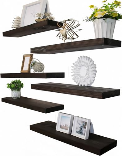 Brown Wood Floating Shelves for Wall Rustic Wall Shelves for Bedroom Set of 6 (6 Count)
