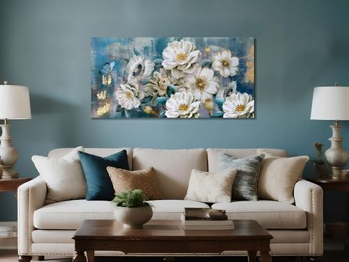 Flower Canvas Wall Art for Bedroom White Elegant Teal Picture