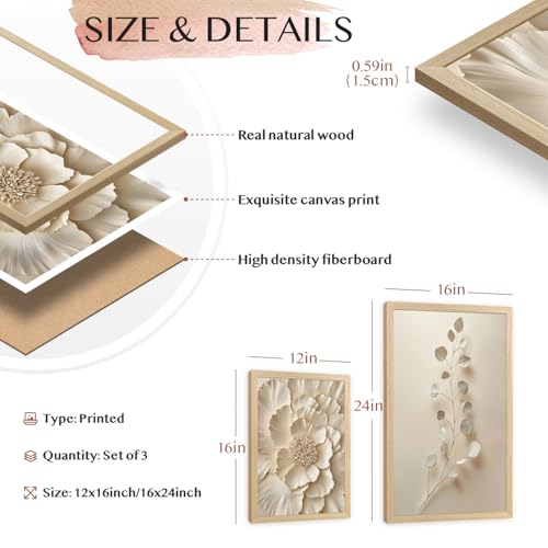 Wood Framed Neutral Beige Botanical Wall Art Set of 3 (3 Count)