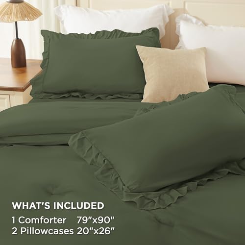 Olive Green Ruffle Full Size Comforter Set