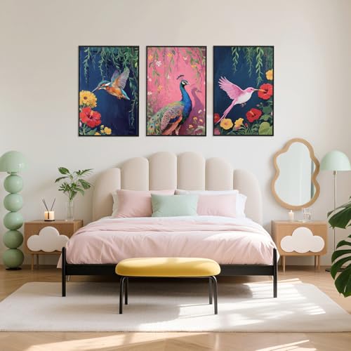 3 Pcs Birds Peacock Flowers Framed Canvas Wall Art 16x24 Inch
