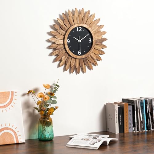 Large Wall Clock Battery Operated 21 in Rustic Wood Boho Sunburst Decorative Wall Clock Silent Non Ticking Farmhouse Wall Clocks for Living Room Bedroom Kitchen Bathroom Decor