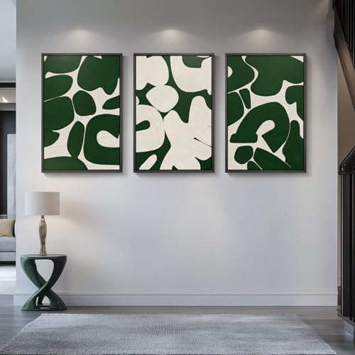 Large Framed Green White Abstract Wall Art for Living Room