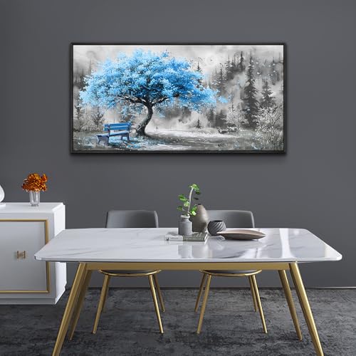 Black Framed Canvas Wall Art For Living Room Wall Decor For Bedroom Office Wall Decoration Blue Tree Landscape Painting Black And White Picture Artwork Room Aesthetic Home Decor 20x40 In