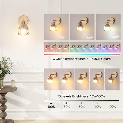 Vintage Battery Operated Wall Sconce with Amber Tulip Glass Lampshade 5000 mAh Rechargeable Battery Powered Wall Light with Remote Control for Bedside Bedroom Doorway (2 Count)