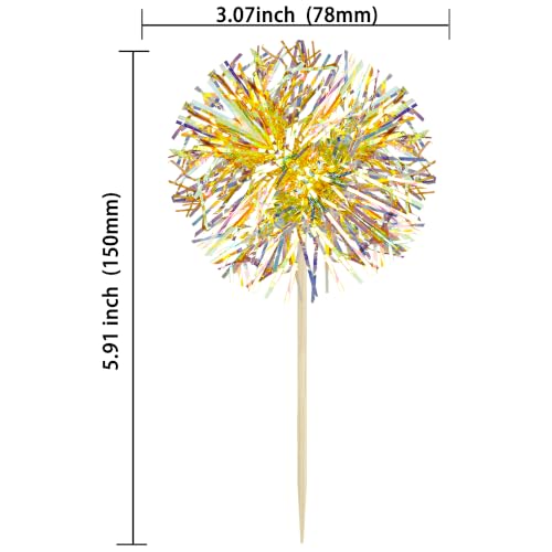 30Pcs Foil Firework Cupcake Toppers Party Birthday Cake Toppers Supplies Sparkle Tinsel Cocktail Fruit Toothpick for Birthday Wedding Graduation Party Yellow (30 Count)