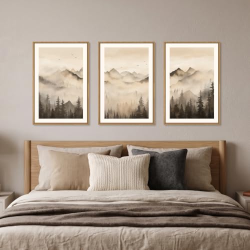 Neutral Misty Mountain Forest Framed Canvas Wall Art