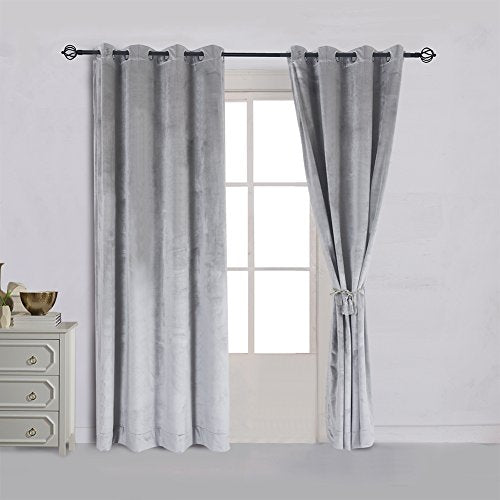Super Soft Luxury Velvet Smoky Gray Classic Blackout Curtains Panels Home Theater Grommet Top Curtain Drapes Eyelet 52Wx120L inch Light Grey