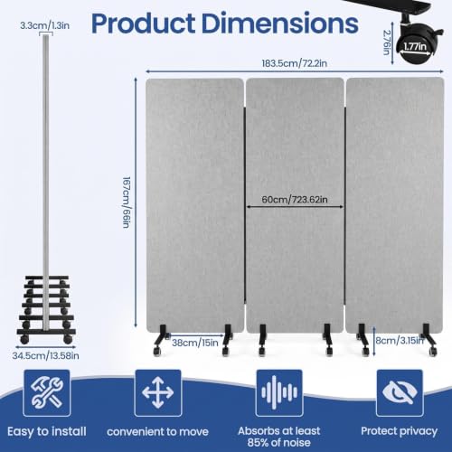 72in 3 Panel Soundproof Room Divider with Wheels
