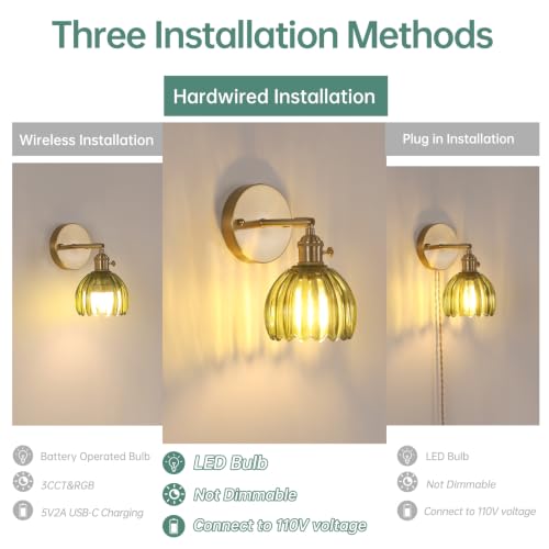 Vintage Wall Sconces Set of 2 with Green Tulip Glass Lampshade 180 Degree Adjustable Brass Sconces Hradwired Modern Wall Lighting Fixture with Switch for Bedside Bedroom Doorway (2 Count)